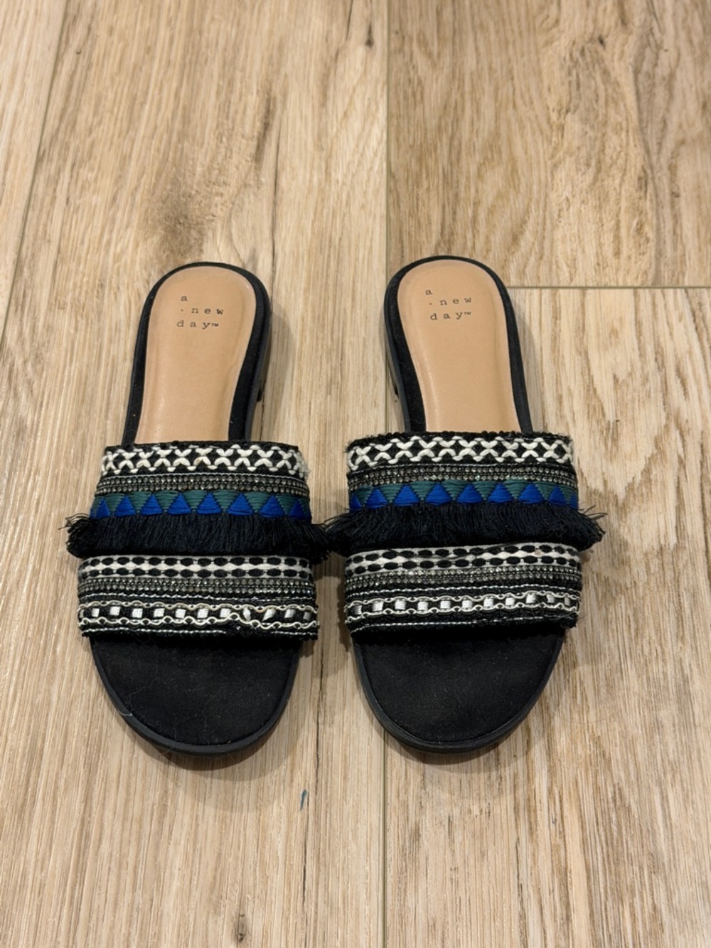 a new day Black Slide Sandals with Blue Embroidered Trim